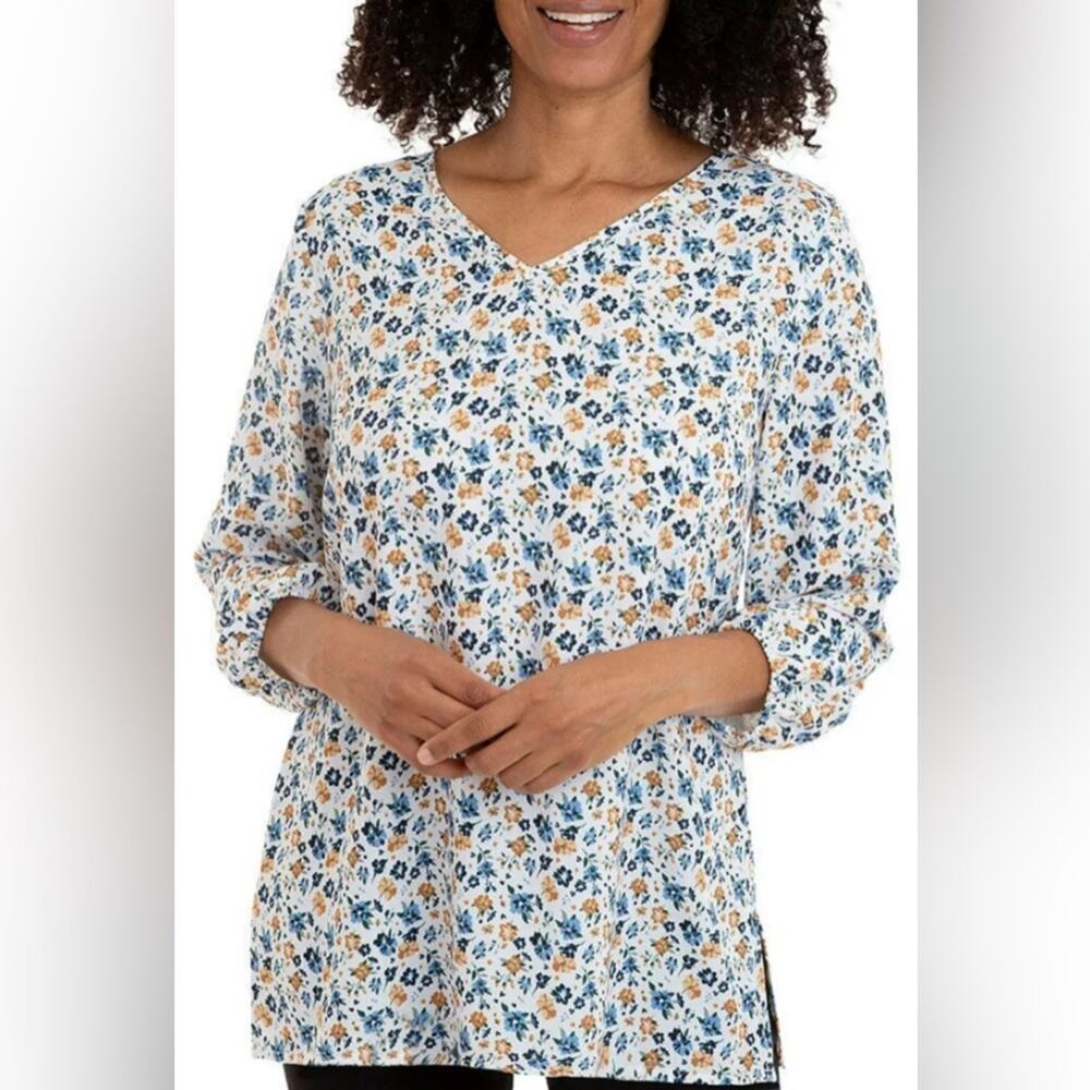 Women's Mario Serrani V-Neck Tunic Top - Blue/White Floral - L - NWT